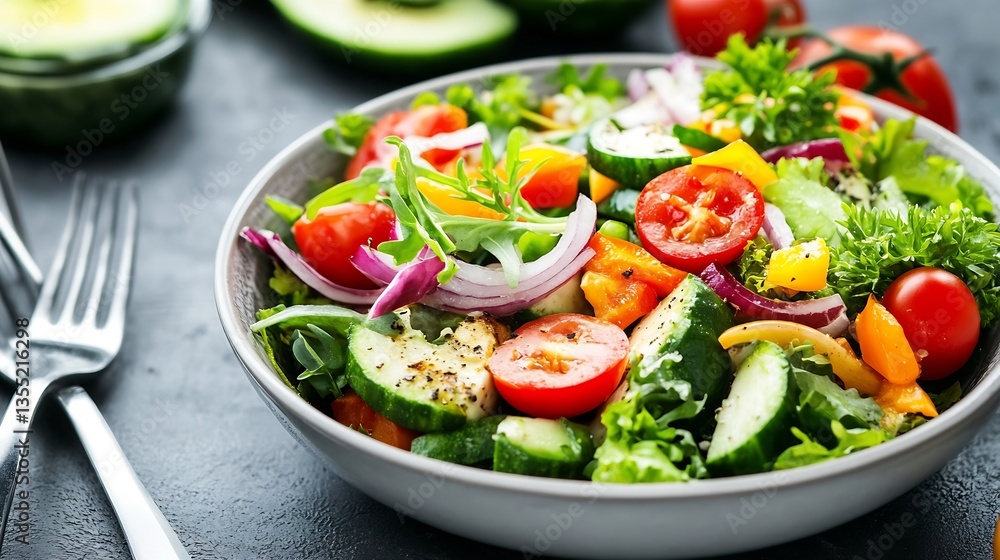 Aufkleber fresh and colorful garden salad with cherry tomatoes bell peppers and greens on a dark table : gener
