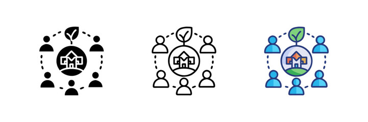 A set of eco community icons representing green living sustainability and environmental responsibility
