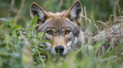 Fototapeta premium Coyote gazes through tall grass in its natural habitat environment : Generative AI