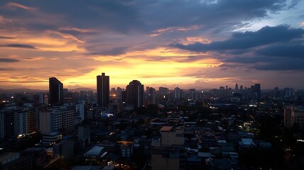 Fototapeta premium Stunning sunset view over a bustling city skyline with dramatic clouds and warm colors creating a mesmerizing landscape : Generative AI