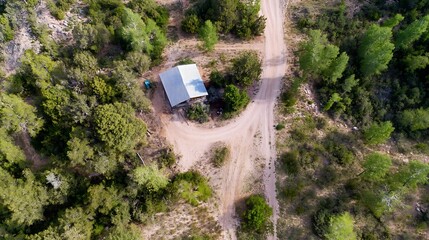 Aerial view of a winding dirt road leading to a small cabin surrounded by lush green trees and nature : Generative AI