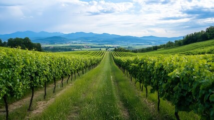 Naklejka premium Expansive vineyard landscape under a cloudy sky with lush green grapevines stretching across rolling hills towards the horizon : Generative AI