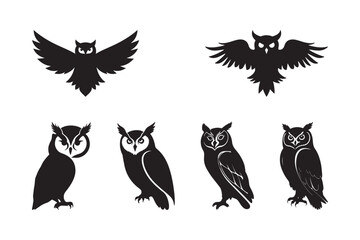 Fototapeta premium Owl Silhouette Vector Set Flying and Perched Nocturnal Birds Illustration 