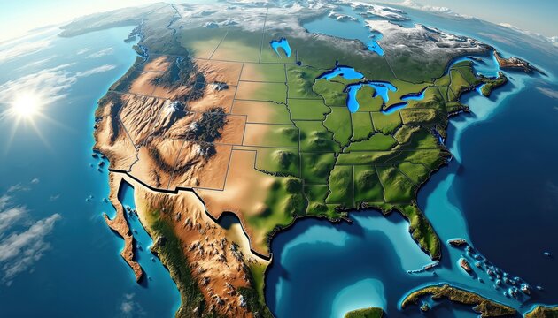 3D physical map of the USA. High-detailed earth surface with USA territory, landforms, relief, altitude. Cartography, geography, topography, American continent, landscape and states with elevation.