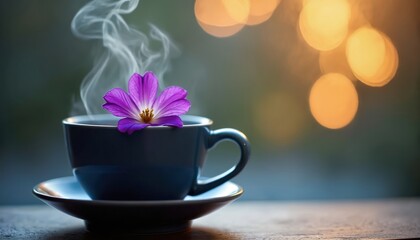 Obraz premium Steaming teacup with purple flower. Cozy home setting, soft focus. Tranquility concept. Beverage photography. Warm light, relaxing moment. Herbal tea in a cup.