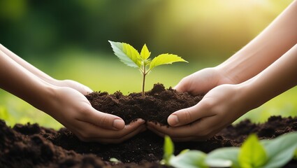 Fototapeta premium Environmental Care – Hands Supporting a Young Plant in Sunlight