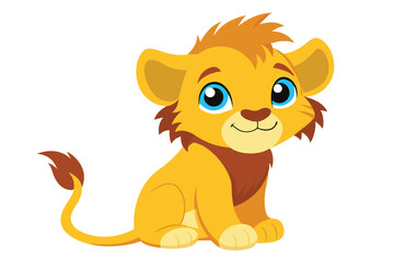 Fototapeta premium Cheerful Cartoon Lion Cub Sitting Pose, Golden Fur, Big Blue Eyes, Playful Look
