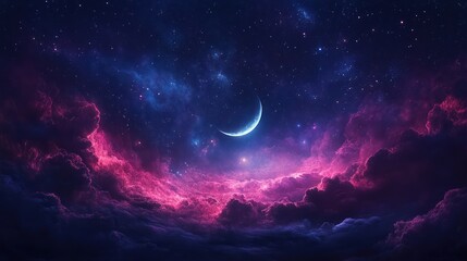 Obraz premium Crescent moon in a vibrant, nebula-filled night sky.