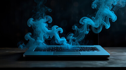 Futuristic Laptop Emitting Blue Smoke Against Dark Background

