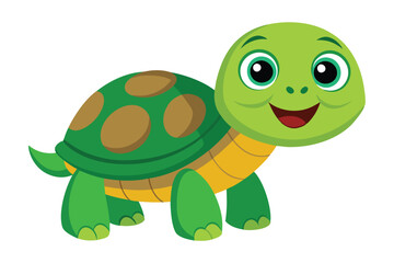 Cheerful Cartoon Turtle Character, Happy Expression, Green Shell, Isolated on White