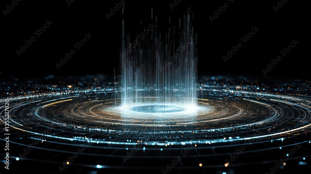 Poster abstract glowing digital data streams forming a circular portal.