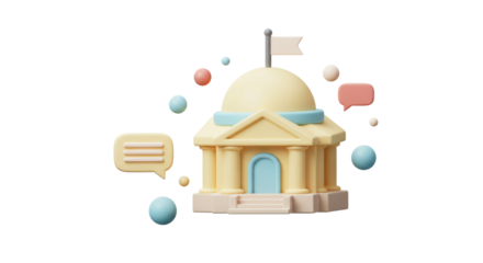 Isolated Classic Bank Building with Speech Bubbles
