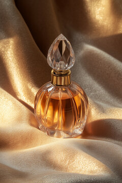 Luxurious perfume bottle on golden silk fabric. Elegant design with refined lighting, perfect for advertising perfumes and cosmetics
