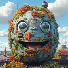 A cheerful, rusty sphere covered in autumn leaves, sits on train tracks against an industrial backdrop