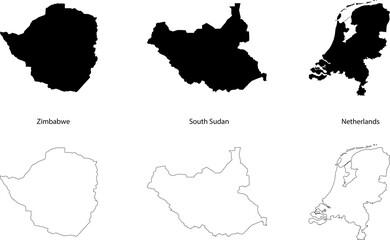 Set of three countries maps Zimbabwe, South Sudan and Netherlands with black fill and outline isolated on transparent