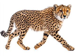 A cheetah strides across a plain white background.  Its spotted coat is detailed