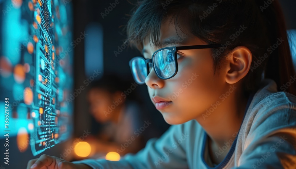 Aufkleber Young student with glasses looks at a tech device screen with circuit board, computer code. The background is blurred with another student. Focus on education, study, future tech, AI.