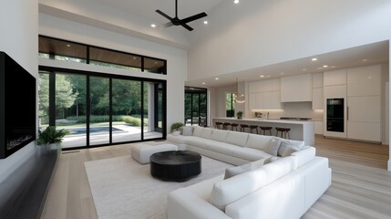 Modern open-concept great room with stunning views.  Large windows showcase a tranquil outdoor space, featuring a swimming pool and lush greenery.