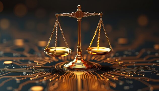 Golden balance scale rests on glowing circuit board. Symbolizes justice digital world. Concepts law, technology, legal, equality, innovation, future. Digital representation.