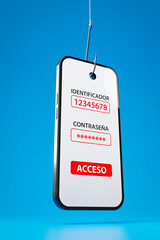 Phishing concept. A smartphone on a fishing hook hovering over a blue background. Login screen in Spanish language on the display. Shot from deep position, wide angle view.