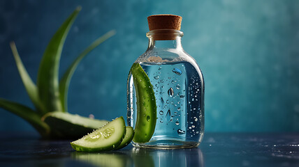 Cucumber Slices, Aloe Vera, and Blue Liquid Bottle on Soft Blue Background

