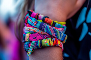 Colorful bracelets worn by a person at a vibrant outdoor festival showcasing creativity and personal expression