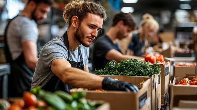 Focused worker packing fresh produce in boxes at a warehouse.