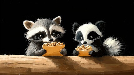 Obraz premium A painting of two raccoons eating out of a bowl while another looks on