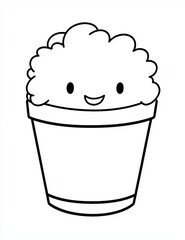 Cute cartoon popcorn bucket with a happy expression in black and white.