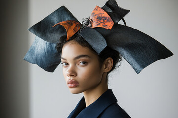 Fashion model showcases unique avant-garde headpiece in indoor studio setting during fashion event