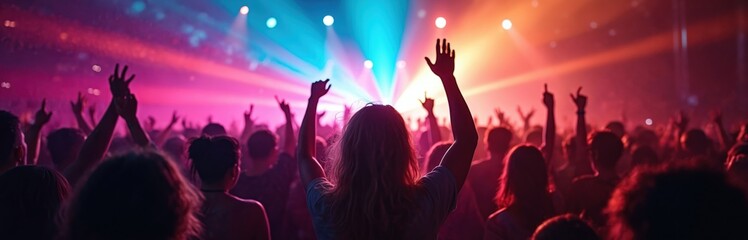 Vibrant music festival crowd celebrates with hands in air under stage lights. Night event featuring band performance with silhouette figures. People enjoy live concert, illuminated by colorful beams.