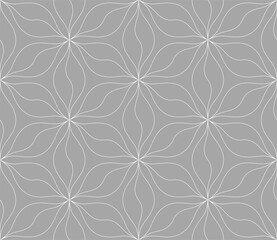 Monochrome vector geometric seamless pattern with floral silhouette, curved lines. Repetitive texture.