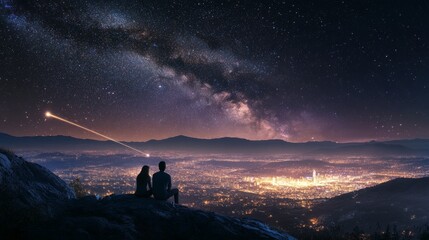 silhouettes of a couple sitting on the top of the mountain looking and pointing out at shooting star and milky way over the city lights on the horizon	