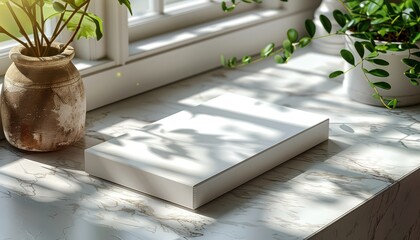 A white book sits on a table next to a potted plant