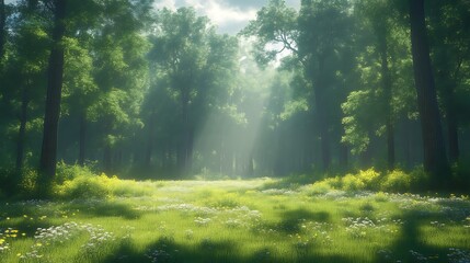 Obraz premium Sunbeams illuminate a lush green forest clearing with wildflowers.