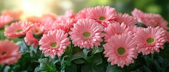 A cluster of delicate pink gerbera daisies bathed in soft sunlight.  Their vibrant petals and lush green foliage create a cheerful, natural scene