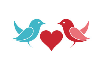 Obraz premium Minimalist Design Two Birds facing a Heart, One Blue, One Red, on White Background
