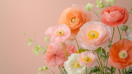 Naklejka premium A vase with an abundance of pink and orange blossoms rests atop a pink table, adjacent to a pink backdrop