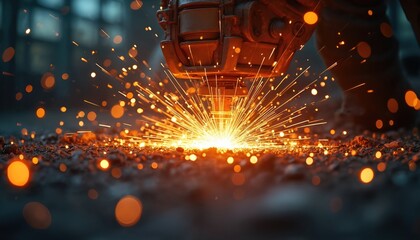 Gold spark fire flame from cutting steel welding at industry factory. Sparks during metalworking creates industrial background. Sparks from welding process. Industrial machine creates bright flame.