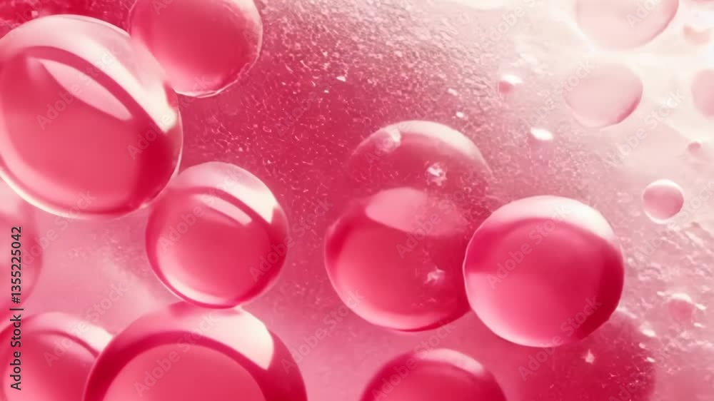 Poster bubbles and droplets create a mesmerizing pattern in liquid mixture with vibrant red hues