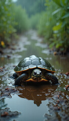 Fototapeta premium Turtle walking in the rain on a muddy path 
