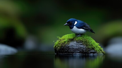 Obraz premium Small bird perched on mossy rock by tranquil water