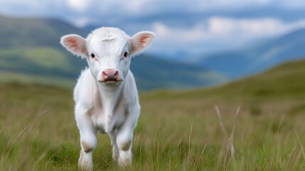Fototapeta premium Adorable white calf in a grassy field, mountains in the background