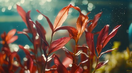 Vibrant Red Aquarium Plants in Sunlit Waters.