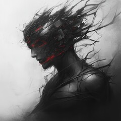 Fototapeta premium A striking digital artwork featuring a fragmented, abstract figure with flowing lines and red accents, embodying themes of technology and transformation.