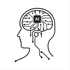 Artificial Intelligence Brain with Circuit Connections,AI Technology Brain Chip Digital Concept,Human Head with Neural Network and AI Chip,Artificial Intelligence Brain Circuit with Technology Icons