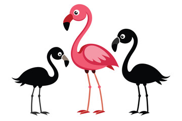 Obraz premium Pink flamingo with two black flamingoes in a minimalist style against white backdrop