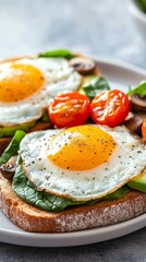 Hearty breakfast with sunny-side-up eggs, sautéed spinach, roasted cherry tomatoes, and sliced avocado on toast for a satisfying meal