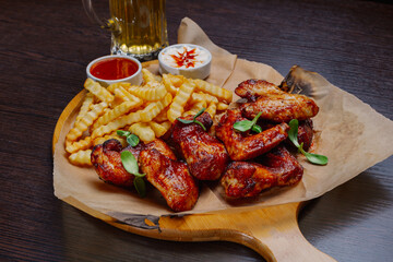 Appetizing fried wings with french fries sauce and beer on a wooden board. medium plan