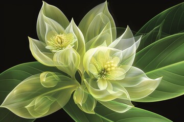 Fototapeta premium Abstract Transparent Green and White Flowers on Dark Background, Nature Digital Illustration Art